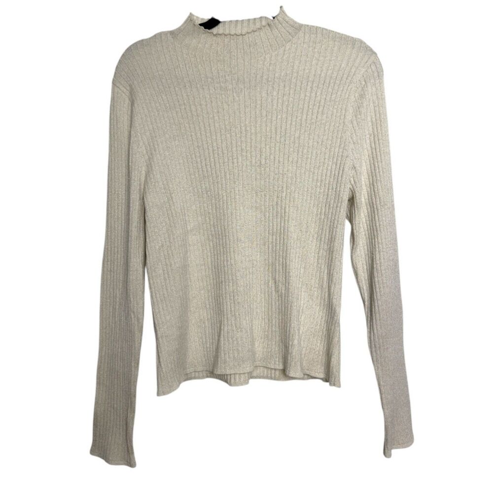 J. McLaughlin Cream Gold Metallic Ribbed Mock Neck Sweater Size XL